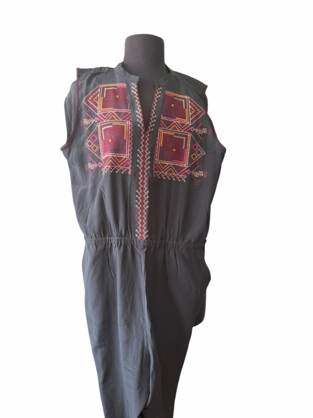 Madewell Black Sleeveless Jumpsuit with Pink & Gold Geometric Embroidery